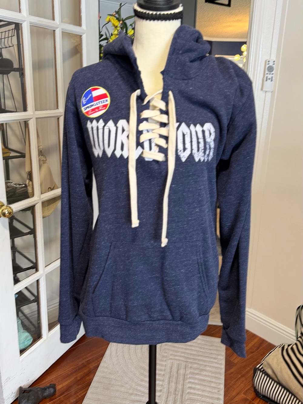 Lace-Up Hoodie Sweater - Navy Blue Bruce Springsteen